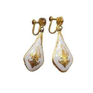 Vintage Clip On Earrings With Thai Gold Design On White Enamel Teardrop